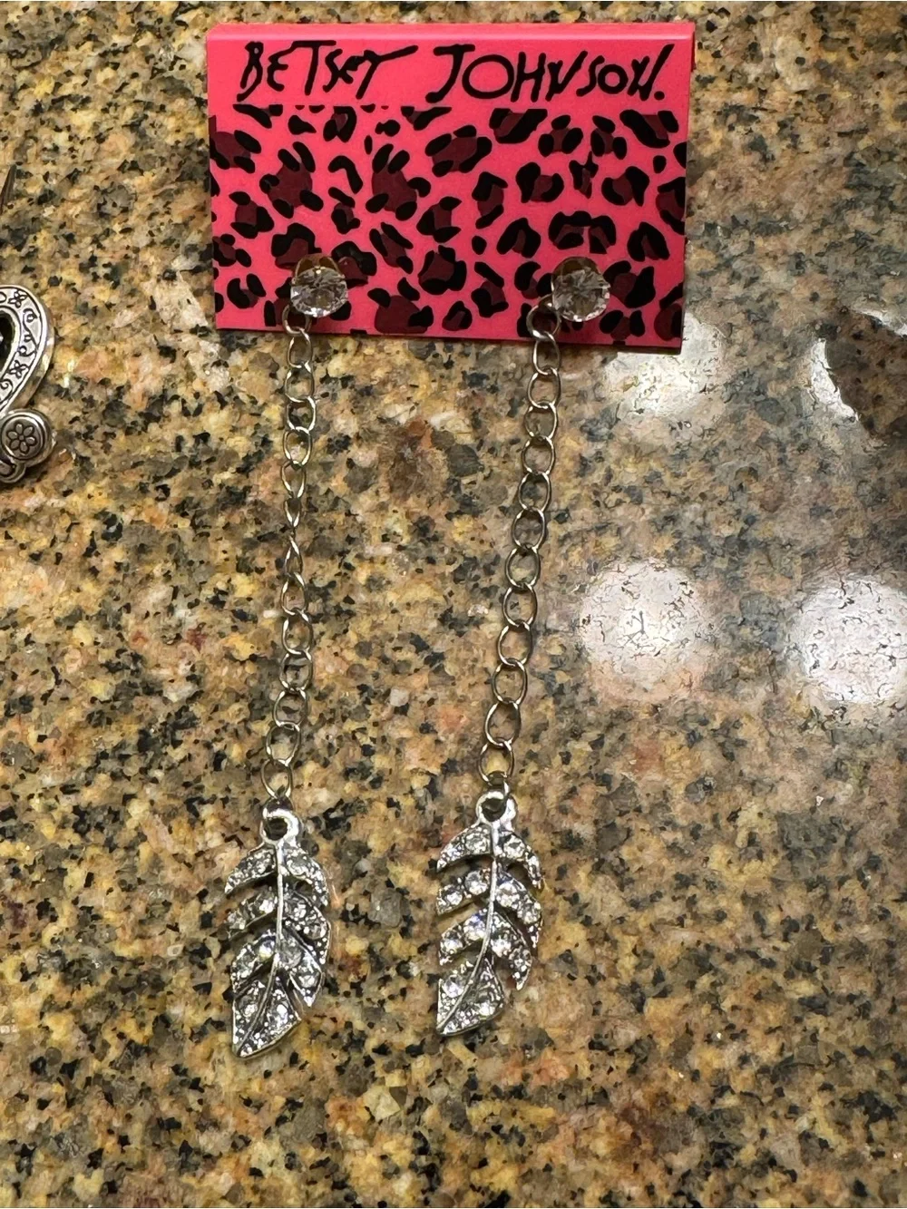 Betsey Johnson Silver Rhinestone Leaf Chain chandelier Drop Earrings